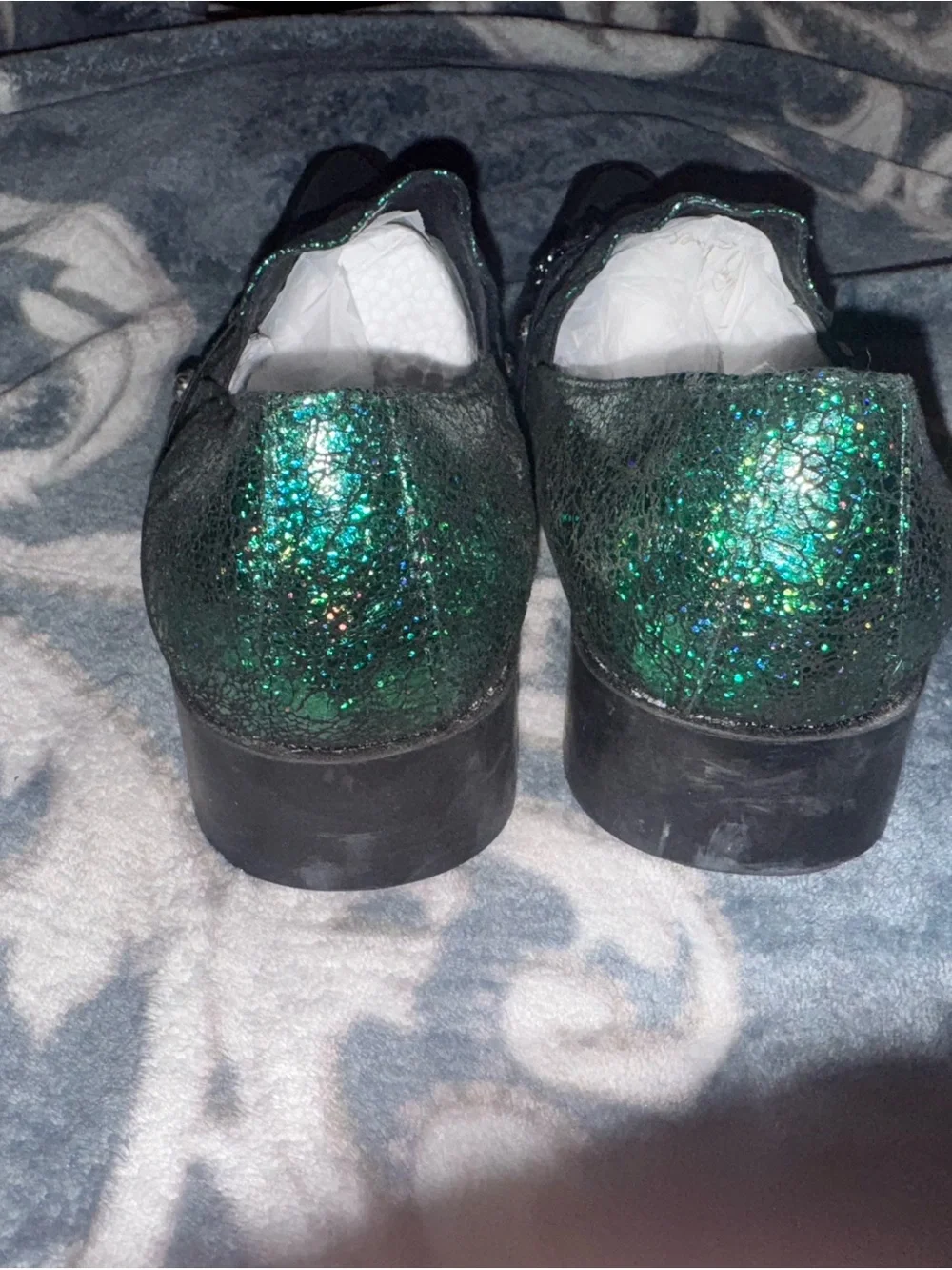 Men's Emerald Green Glitter Slip-On Loafers with Ornate Buckle